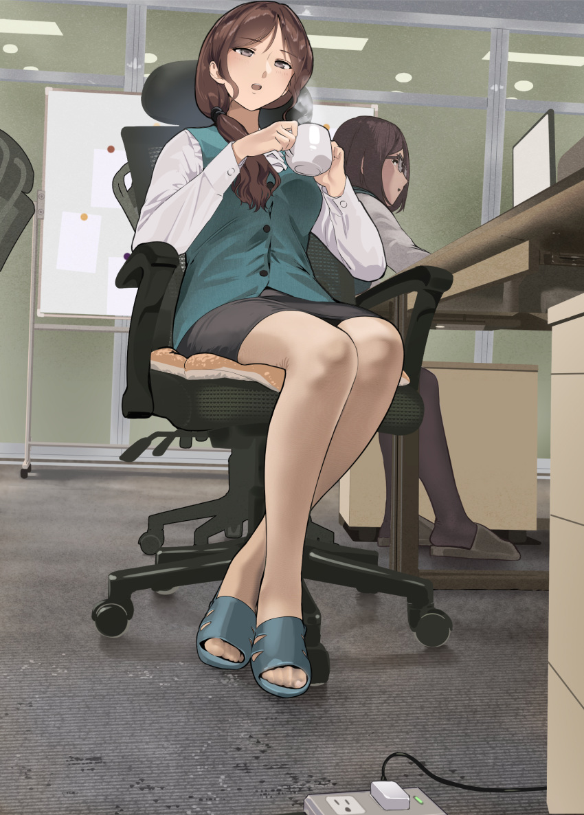 2girls absurdres black_pantyhose black_skirt blue_footwear blue_vest brown_eyes brown_hair brown_pantyhose carpet chair crossed_ankles cup desk electric_plug electrical_outlet full_body glasses hair_over_shoulder hair_tie highres holding holding_cup indoors long_hair long_sleeves looking_at_viewer mature_female monitor multiple_girls office office_chair office_lady on_chair open_mouth original pantyhose pencil_skirt sandals shirt sitting skirt slippers steam swivel_chair vest white_shirt whiteboard yewang19