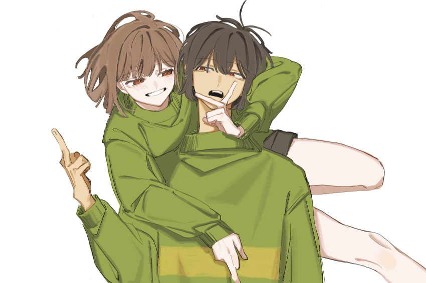 2others black_hair black_shorts blush brown_eyes brown_hair chara_(undertale) deltarune green_sweater grin hair_between_eyes highres i3dpi kris_(deltarune) long_sleeves middle_finger multiple_others open_mouth other_focus short_hair shorts simple_background smile sweater undertale white_background