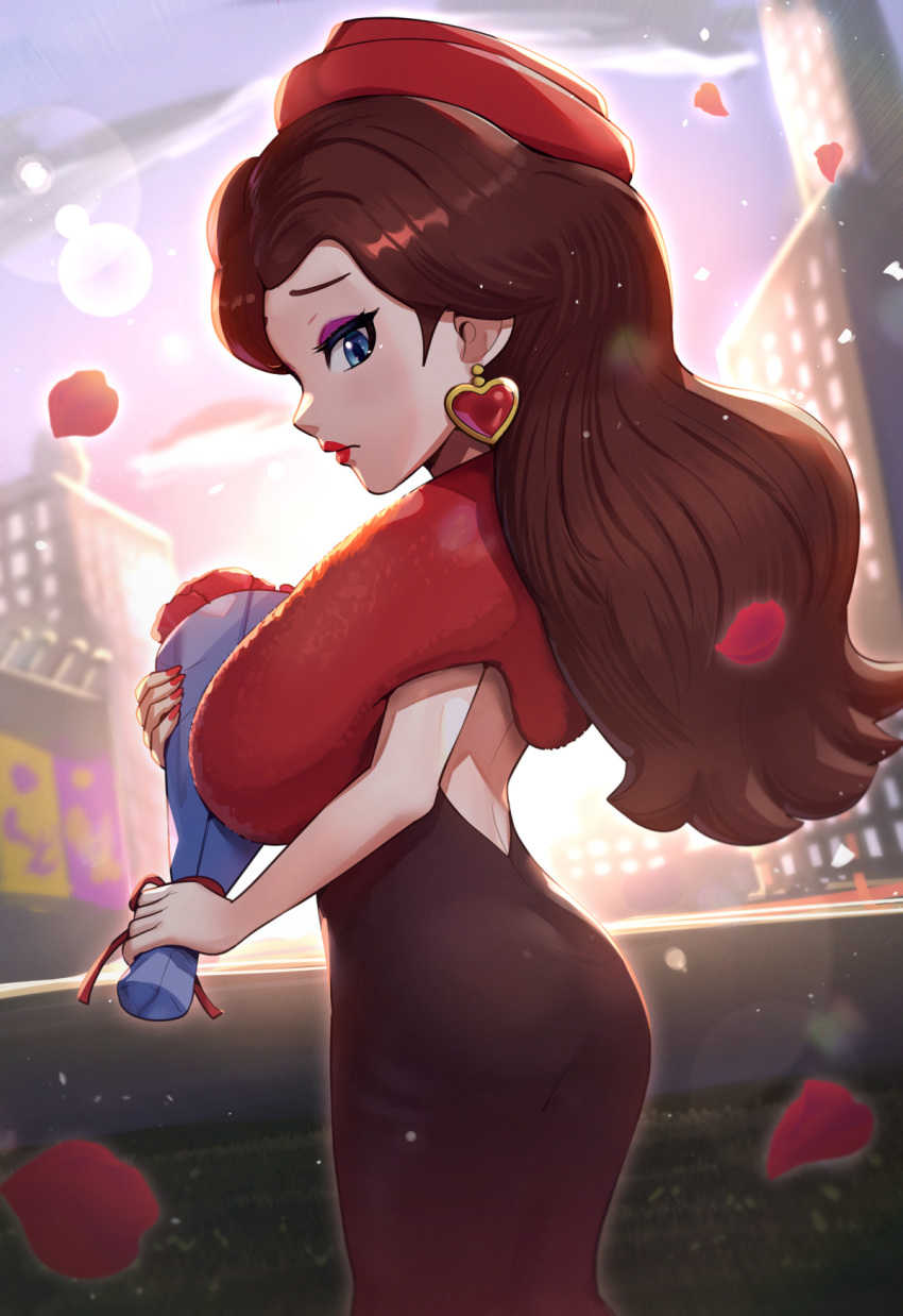 1girl blue_eyes bouquet brown_hair city day dress earrings eyeshadow falling_petals flower from_side gonzarez hat heart heart_earrings highres holding holding_bouquet jewelry lens_flare long_hair looking_at_viewer makeup mario_kart mario_kart_tour official_alternate_costume outdoors pauline_(mario) pauline_(mario)_(rose) petals purple_eyeshadow red_dress red_flower red_headwear red_lips red_nails rose_petals solo super_mario_bros.