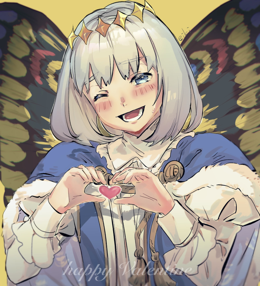 1boy butterfly_wings cape diamond_hairband eiki_(eikityou_55) eyelashes fate/grand_order fate_(series) frilled_shirt_collar frills fur-trimmed_cape fur_trim grey_eyes grey_hair happy_valentine heart heart_hands highres juliet_sleeves long_sleeves looking_at_viewer lower_teeth_only male_focus oberon_(fate) one_eye_closed open_mouth puffy_sleeves short_hair signature solo sweatdrop teeth wings yellow_background