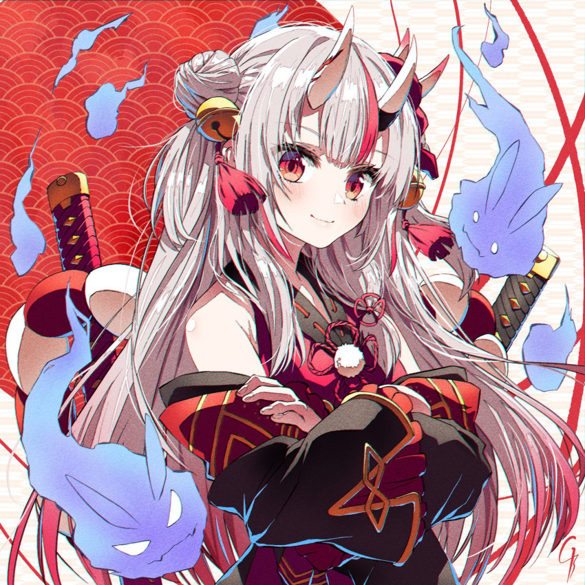 1girl 4b-enpitsu bare_shoulders bell blush chromatic_aberration closed_mouth commentary_request cowboy_shot crossed_arms detached_sleeves film_grain gradient_hair grey_hair hair_bell hair_bun hair_ornament highres hololive horns japanese_clothes kimono long_hair looking_at_viewer mask multicolored_hair nakiri_ayame nakiri_ayame_(1st_costume) oni oni_horns oni_mask red_eyes red_kimono redhead sidelocks signature smile solo streaked_hair virtual_youtuber