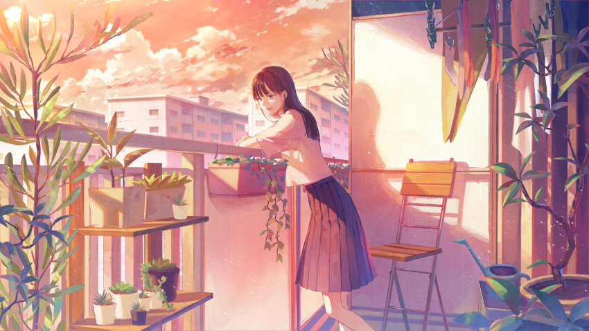 1girl against_railing balcony black_hair black_sailor_collar black_skirt brown_eyes building chair clouds evening highres imoni_(gggzooo) leaf long_hair mixed-language_commentary original outdoors plant pleated_skirt potted_plant railing sailor_collar school_uniform serafuku skirt sky solo sunset vines watering_can white_serafuku