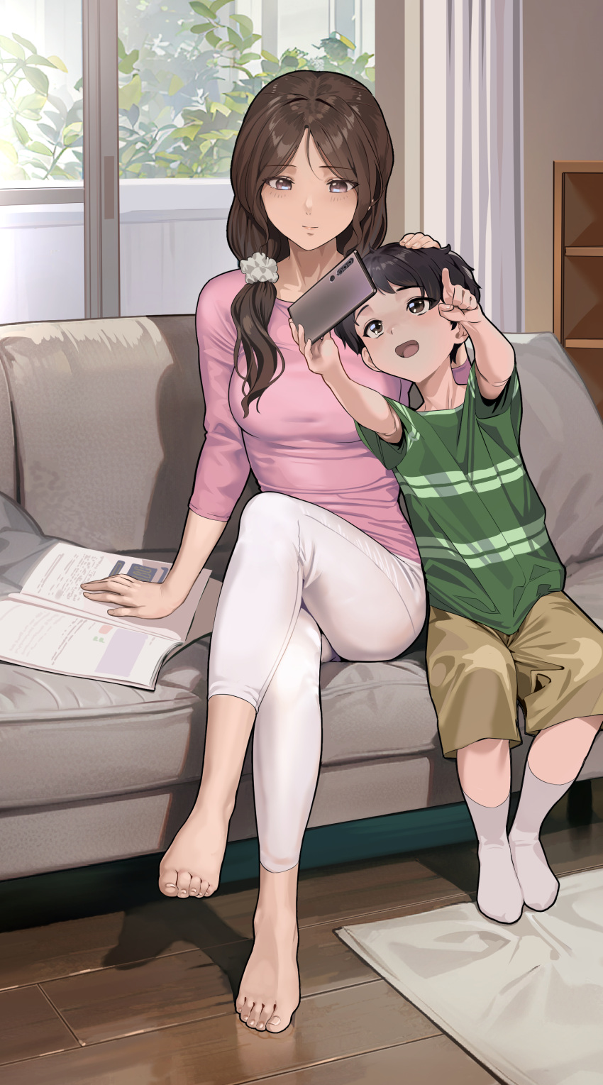 1boy 1girl absurdres barefoot black_eyes black_hair breasts brown_eyes brown_hair cellphone chinese_commentary commentary couch crossed_legs feet headpat highres holding holding_phone indoors legs long_hair looking_at_another mature_female mother_and_son no_shoes open_mouth original pants phone revision shirt side_ponytail sitting smartphone smile toenails toes window yewang19