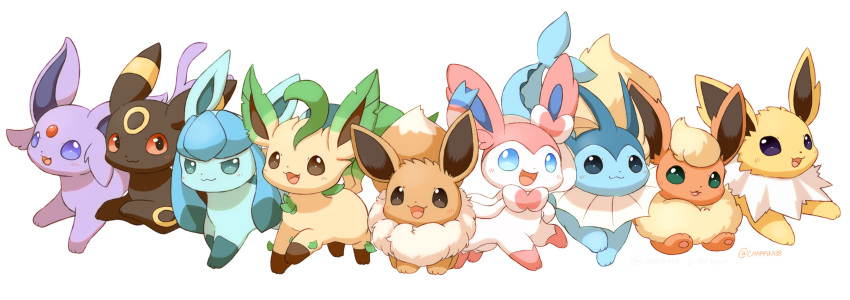 :3 absurdres animal_focus black_eyes blue_eyes brown_eyes eevee espeon evolutionary_line flareon fluffy forehead_jewel glaceon green_eyes highres jolteon leafeon mimix no_humans open_mouth pawpads pokemon red_eyes simple_background smug sylveon umbreon vaporeon violet_eyes white_background
