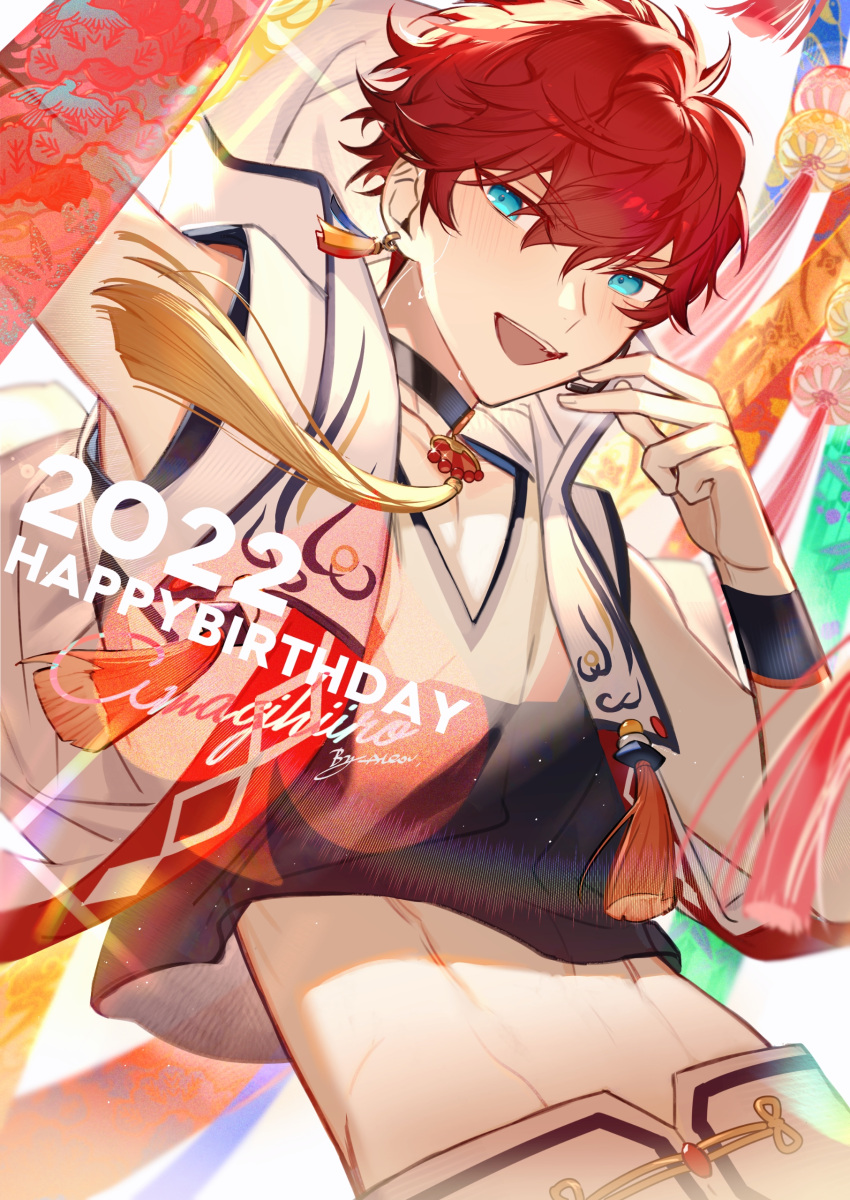 1boy absurdres aleo amagi_hiiro arm_up artist_name black_choker blue_eyes character_name chinese_commentary choker commentary_request dated earrings ensemble_stars! fingernails hand_up happy_birthday headset highres jewelry looking_at_viewer male_focus midriff open_mouth redhead short_hair sleeveless solo teeth upper_body upper_teeth_only