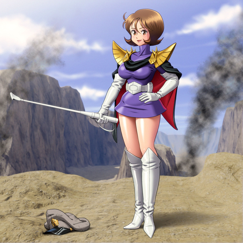 1girl blue_sky brown_eyes brown_hair clouds commentary corruption cosplay dark_persona elbow_gloves enkaboots fraw_bow gloves gundam hand_on_own_hip highres holding holding_staff kycilia_zabi kycilia_zabi_(cosplay) mobile_suit_gundam mountainous_horizon open_mouth outdoors shadow short_hair sky smoke staff standing translated
