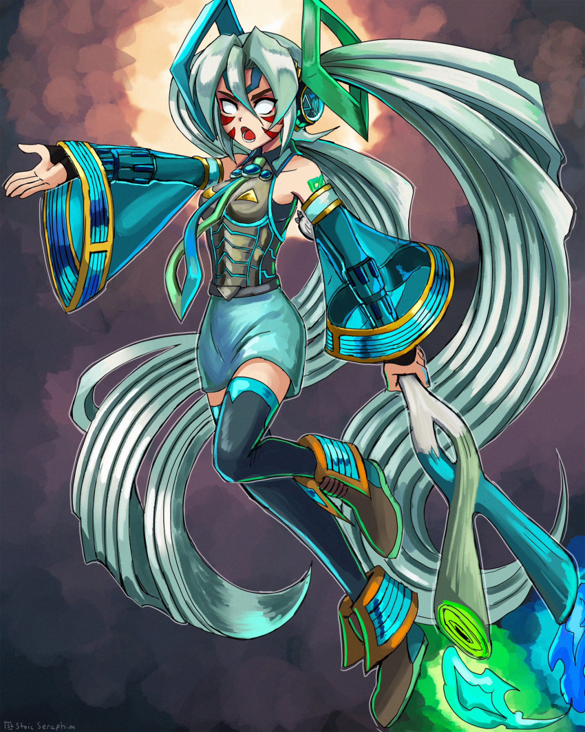 alternate_costume alternate_eye_color alternate_hair_color armor bare_shoulders blank_eyes corruption crossover crypton_future_media dark_persona facial_tattoo fierce_deity fire floating hatsune_miku highres holding necktie nintendo open_mouth outstretched_arm possessed spring_onion stoic_seraphim tattoo the_legend_of_zelda the_legend_of_zelda:_majora's_mask twintails vocaloid white_hair