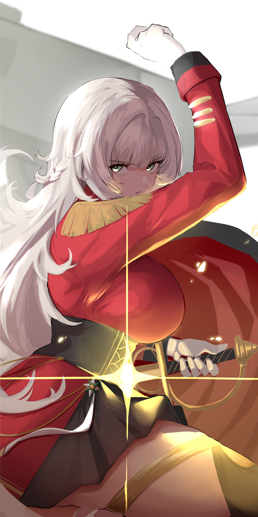 1girl absurdres aiguillette arm_up azur_lane black_skirt blunt_bangs braid cape dress gloves green_eyes highres holding holding_sword holding_weapon long_hair long_sleeves looking_at_viewer medal military_uniform parted_lips pleated_skirt red_cape red_dress showmoo skirt solo sword thigh_strap turret uniform vittorio_veneto_(azur_lane) weapon white_gloves white_hair