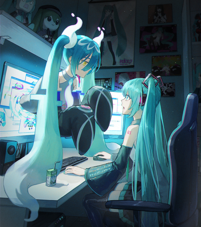 2girls :o absurdres aqua_eyes aqua_hair aqua_nails aqua_necktie aqua_trim arm_tattoo bare_shoulders black_skirt black_sleeves black_thighhighs chair chromatic_aberration closed_mouth commentary computer desk detached_sleeves dual_persona eye_contact film_grain from_side gaming_chair ghost_miku_(project_voltage) glitch glowing_neckwear gradient_hair grey_shirt hachune_miku hair_between_eyes halterneck hatsune_miku headphones highres indoors juice_box keyboard_(computer) light_particles long_hair long_sleeves looking_at_another monitor mouse_(computer) multicolored_hair multiple_girls nashiko_(nanaju_ko) necktie number_tattoo on_chair open_mouth pleated_skirt poster_(object) print_sleeves profile project_voltage romeo_to_cinderella_(vocaloid) senbonzakura_(vocaloid) shelf shirt sitting skirt sleeveless sleeveless_shirt sleeves_past_fingers sleeves_past_wrists speaker stuffed_toy swivel_chair tattoo thigh-highs through_screen twintails vocaloid vocaloid_boxart_pose white_necktie wide_sleeves will-o'-the-wisp_(mythology) world_is_mine_(vocaloid) yellow_eyes zettai_ryouiki