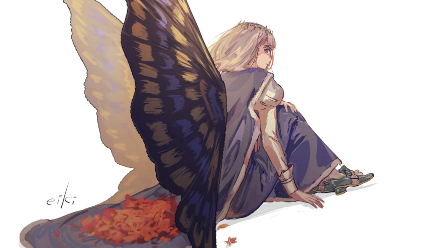 1boy absurdres autumn_leaves blue_cape blue_eyes blue_footwear blue_robe butterfly_wings cape closed_mouth diamond_hairband eiki_(eikityou_55) fate/grand_order fate_(series) grey_hair hand_on_own_knee highres juliet_sleeves long_sleeves looking_back male_focus oberon_(fate) puffy_sleeves robe shirt signature simple_background sitting solo white_background white_shirt wings