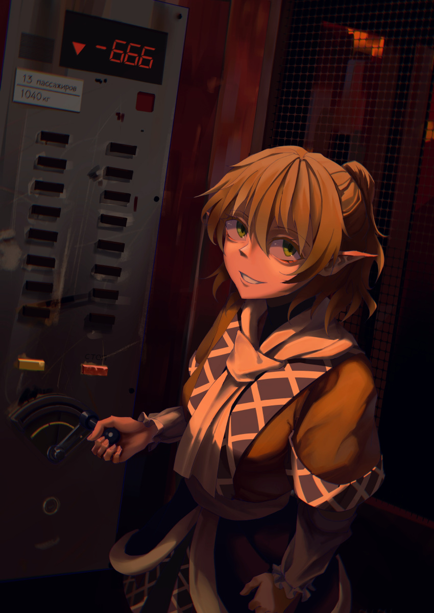 1girl absurdres arm_warmers blonde_hair brown_shirt elevator from_above green_eyes highres holding indoors kto_znaet looking_up mizuhashi_parsee numbered pointy_ears russian_text scarf shirt smile solo touhou white_scarf