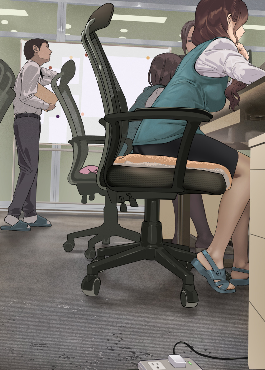 1boy 3girls absurdres black_pants black_pantyhose blue_footwear blue_vest brown_hair brown_pantyhose carpet chair desk electric_plug electrical_outlet from_side hair_over_shoulder highres indoors leaning_forward long_hair mature_female multiple_girls office office_chair office_lady original pants pantyhose profile sandals shirt slippers swivel_chair vest white_shirt whiteboard yewang19