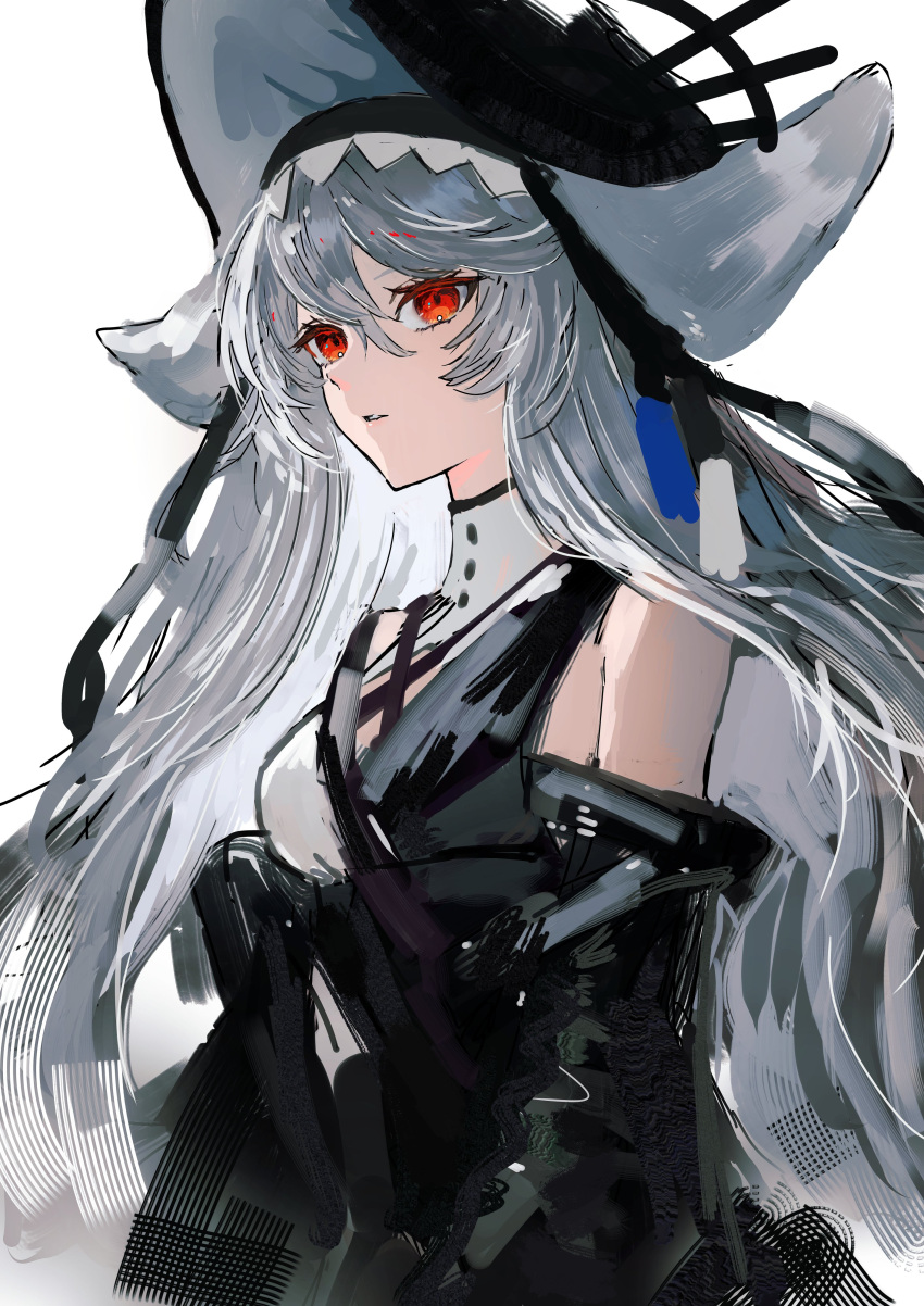 1girl absurdres arknights black_dress black_headwear breasts clothing_cutout dress gawako grey_hair high_collar highres long_hair looking_at_viewer pointy_hat red_eyes shoulder_strap solo specter_(arknights) two-tone_dress upper_body white_dress