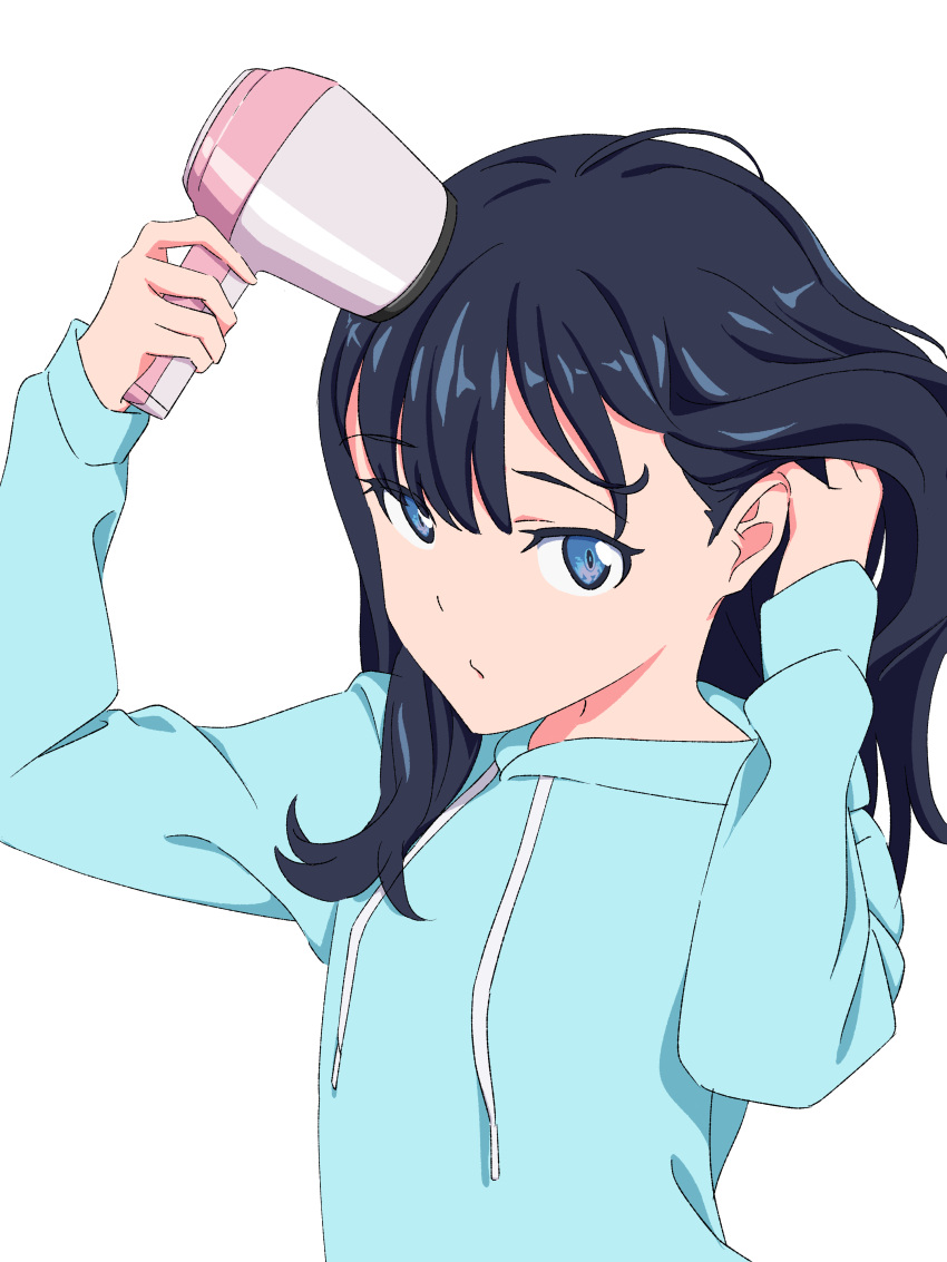 1girl absurdres black_hair blue_eyes daidaiyaoyao drying drying_hair gridman_universe gridman_universe_(film) hair_dryer highres holding holding_hair_dryer long_hair looking_at_viewer solo ssss.gridman takarada_rikka takarada_rikka_(blue_sky_station)_(azur_lane) upper_body