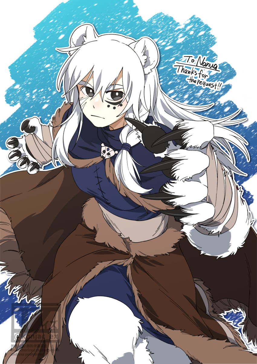 1girl animal_ears animal_feet animal_hands bear_ears bear_girl black_eyes blue_background bright_pupils capelet claws closed_mouth commission cowboy_shot fur-trimmed_capelet fur_trim hand_wraps highres long_hair looking_at_viewer monster_girl original running skeb_commission snowing solo thick_eyebrows tokitsu_sousaku white_fur white_hair white_pupils