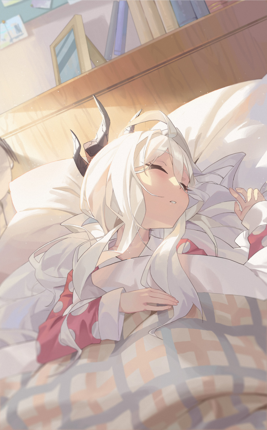 1girl absurdres ahoge blanket blue_archive blush closed_mouth hair_spread_out highres hina_(blue_archive) indoors li-mi morning official_alternate_costume open_mouth pajamas picture_frame pillow pink_pajamas polka_dot polka_dot_pajamas sleeping solo white_hair