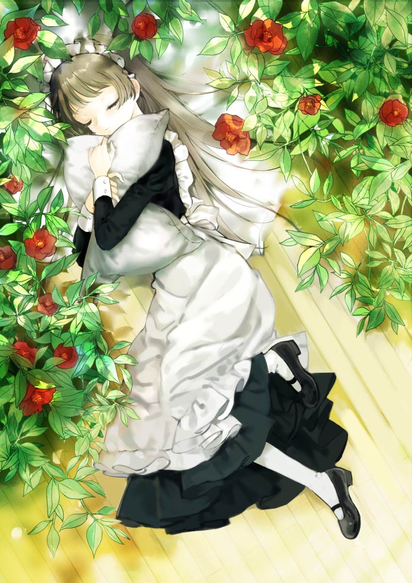 1girl apron black_dress black_footwear brown_hair camellia choppy_bangs closed_eyes closed_mouth dress flower from_above highres hugging_object jidou_neko juliet_sleeves long_dress long_hair long_sleeves lying maid maid_apron maid_headdress mary_janes on_floor on_side original pantyhose pillow pillow_hug plant puffy_sleeves red_flower shoes sleeping sleeve_cuffs solo white_apron white_pantyhose wooden_floor