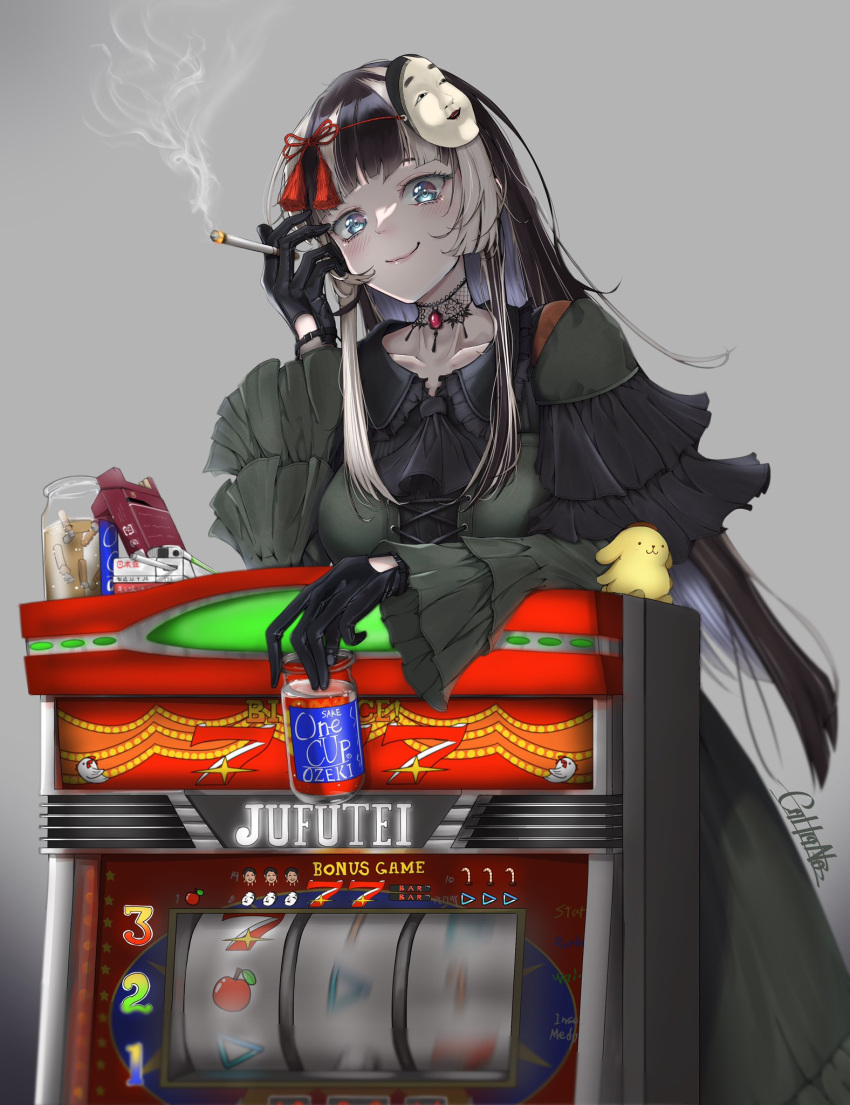 1girl alcohol black_gloves black_hair blue_eyes blunt_bangs blush choker ci7hi9n03_999 cigarette dress frilled_dress frilled_skirt frills gambling gloves grey_background highres holding holding_cigarette hololive juufuutei_raden lace lace_choker long_dress long_hair looking_at_viewer mask mask_on_head multicolored_hair signature skirt slot_machine smile smoke smoking solo standing streaked_hair two-tone_hair very_long_hair virtual_youtuber