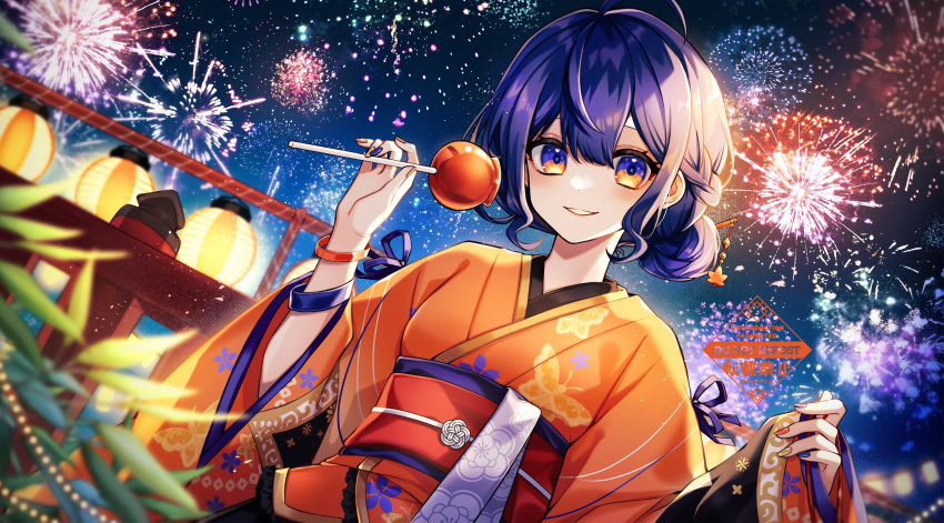1girl aerial_fireworks animal_print aononchi blue_eyes blue_nails bracelet braid butterfly_print candy_apple double-parted_bangs fireworks floral_print food french_braid hair_between_eyes hair_bun hair_ornament hair_stick highres hiiro_momiji holding holding_food indie_virtual_youtuber japanese_clothes jewelry kimono lantern long_sleeves looking_at_viewer multicolored_eyes multicolored_nails nail_polish night obi official_alternate_costume orange_eyes orange_kimono orange_nails outdoors paper_lantern parted_lips pinching_sleeves plant railing sash single_hair_bun smile solo upper_body wide_sleeves yellow_nails yukata
