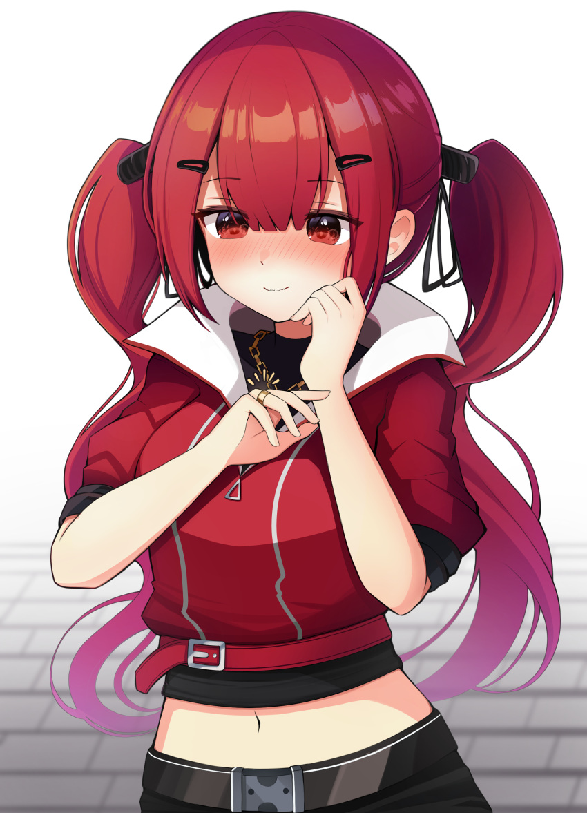 1girl absurdres black_shirt blush breasts chain commission cz75_(girls'_frontline) girls_frontline gold_chain hair_between_eyes hair_ornament hairclip highres jacket jewelry long_hair looking_at_object megumana midriff navel red_eyes red_jacket redhead ring shirt short_sleeves smile solo twintails upper_body very_long_hair