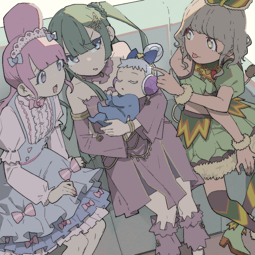 4girls :d blue_bodysuit blue_bow blue_dress blue_eyes blue_hair blunt_bangs bodysuit bow brown_hair carrying carrying_person center_frills closed_eyes couch cropped_shirt detached_collar detached_sleeves dress frilled_dress frilled_hairband frills green_hair green_shirt green_skirt hair_bow hairband headphones highres idol_clothes janice_(pripara) kemura_(puripurinea) leg_warmers long_hair long_sleeves looking_at_another manaka_non midriff_peek multiple_girls on_couch open_mouth pink_bow pretty_(series) pripara puffy_detached_sleeves puffy_sleeves purple_dress purple_hair shirt short_hair side_ponytail sitting skirt sleeping smile taiyou_pepper tongue tongue_out tsukikawa_chiri very_long_hair violet_eyes white_shirt wrist_cuffs