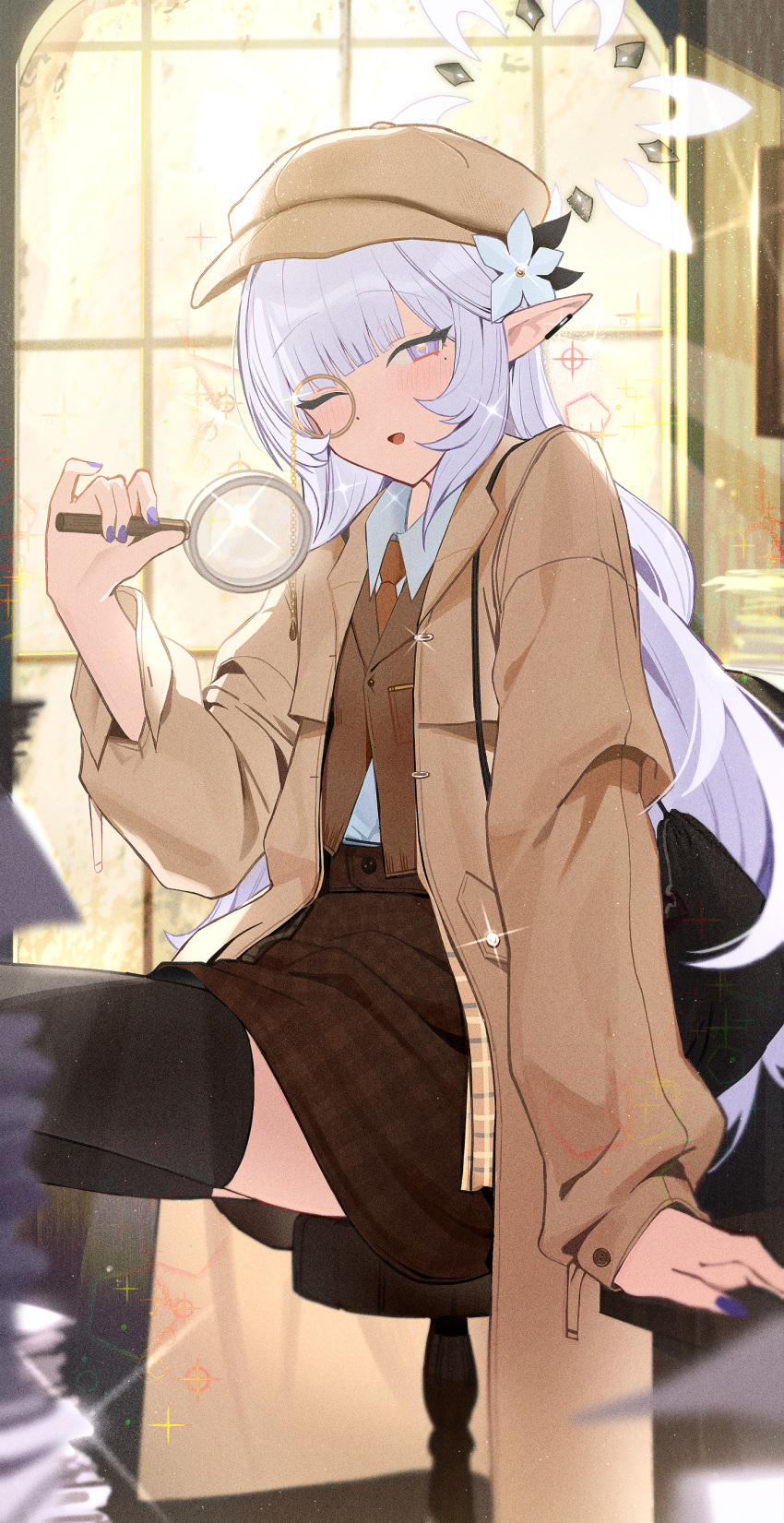 1girl ;o absurdres alternate_costume arm_support black_thighhighs blue_archive blurry brown_coat brown_vest coat commentary dark_skin depth_of_field detective earclip fingernails flower glint hair_flower hair_ornament halo highres himari_(blue_archive) holding holding_magnifying_glass indoors light_purple_hair long_hair looking_at_viewer magnifying_glass monocle nail_polish necktie one_eye_closed paper_stack pointy_ears solo symbol-only_commentary thigh-highs trench_coat very_long_hair vest zanya_000