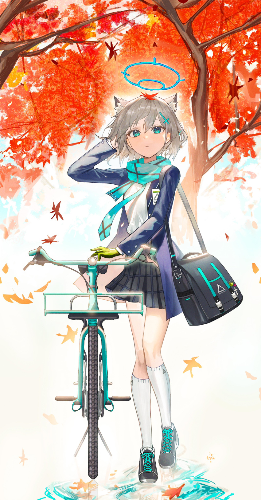 1girl absurdres animal_ears autumn autumn_leaves bicycle black_footwear black_skirt blue_archive blue_halo blue_jacket blue_necktie blue_scarf blush closed_mouth cross_hair_ornament gloves green_eyes green_gloves grey_hair hair_between_eyes hair_ornament halo highres jacket kneehighs kuren_kren leaf looking_at_viewer maple_leaf medium_hair necktie open_clothes open_jacket pleated_skirt scarf shiroko_(blue_archive) shirt shoes skirt socks solo white_shirt white_socks wolf_ears