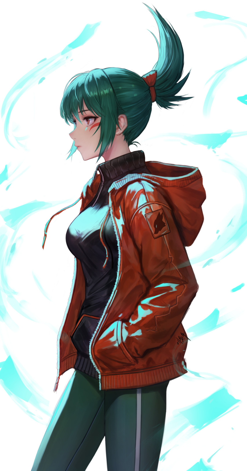 1girl absurdres alternate_costume black_shirt breasts closed_mouth eruthu green_hair green_pants hand_in_pocket high_ponytail highres jacket kiriko_(overwatch) medium_breasts open_clothes open_jacket overwatch overwatch_2 pants ponytail red_jacket shirt simple_background solo tight_clothes tight_pants upper_body white_background zipper