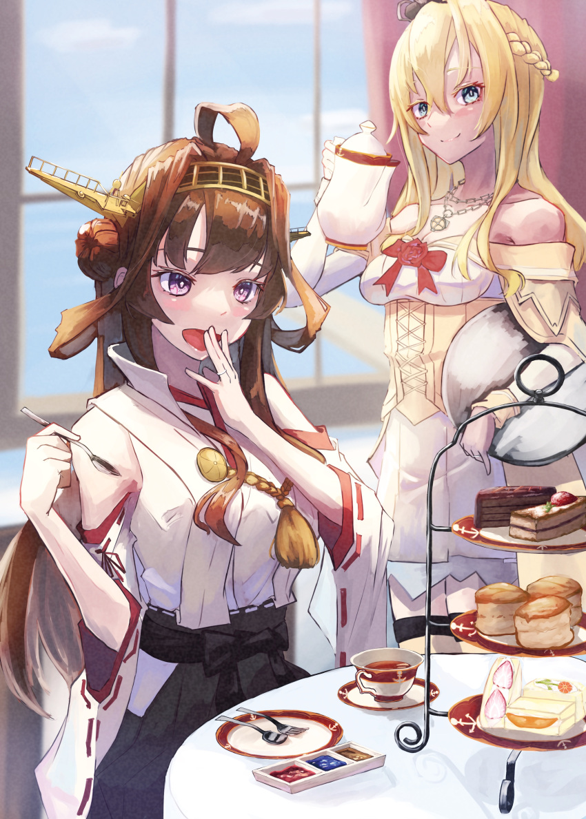 2girls absurdres ahoge black_skirt blonde_hair blue_eyes braid brown_hair cake corset crown cup detached_sleeves double_bun dress flower food french_braid hair_bun hairband headgear highres jewelry kantai_collection kongou_(kancolle) kongou_kai_ni_(kancolle) long_hair long_sleeves mini_crown multiple_girls necklace nontraditional_miko off-shoulder_dress off_shoulder panda_(heart_sink) popped_collar red_flower red_ribbon red_rose ribbon ribbon-trimmed_sleeves ribbon_trim rose saucer sitting skirt spoon teacup teapot thigh-highs tiered_tray violet_eyes warspite_(kancolle) white_dress window