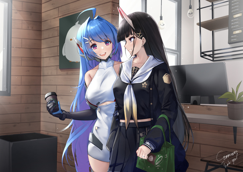 2girls :d absurdres azur_lane bag bare_shoulders black_gloves black_hair black_serafuku black_shirt black_skirt blue_hair blush breasts buttons clothing_cutout commission crop_top cup day demon_girl demon_horns double-breasted dress earrings elbow_gloves english_commentary facing_viewer gloves grin hair_ornament hairclip hand_up happy helena_(azur_lane) highres hip_focus holding holding_bag holding_cup horns indoors irkawaza jewelry long_hair looking_at_another looking_at_viewer looking_to_the_side medium_breasts midriff multiple_girls neckerchief noshiro_(azur_lane) oni_horns sakura_empire_(emblem) school_uniform serafuku shirt skirt sleeveless sleeveless_dress smile star_(symbol) star_earrings teeth underboob_cutout upper_teeth_only very_long_hair violet_eyes white_dress white_neckerchief