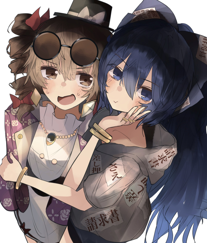 2girls absurdres blue_bow blue_hair bow brown_hair drill_hair eyewear_on_head from_above grey_shirt hand_on_another's_face hat highres jewelry liangming_toho long_hair looking_at_viewer mini_hat mini_top_hat multiple_girls necklace open_clothes shirt top_hat touhou twin_drills white_background white_shirt yorigami_jo'on yorigami_shion yuri