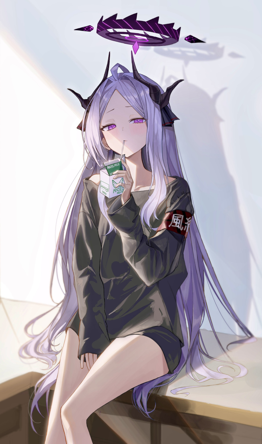 1girl absurdres ahoge armband black_shirt blue_archive blush demon_horns drink drinking_straw duplicate halo highres hina_(blue_archive) holding holding_drink horns kuren_kren long_hair long_sleeves looking_at_viewer milk_carton multiple_horns parted_bangs pixel-perfect_duplicate purple_hair red_armband shadow shirt sidelocks sitting sleeves_past_wrists solo sunlight upper_body very_long_hair violet_eyes