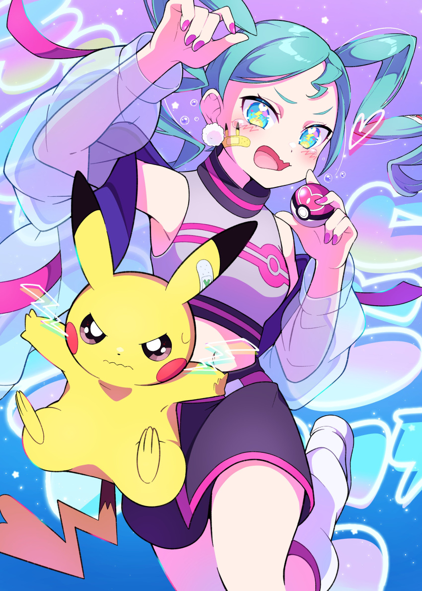 1girl 1other absurdres blue_hair blush electricity green_hair hatsune_miku highres holding long_hair looking_at_viewer open_mouth pikachu poke_ball pokemon pokemon_(creature) pon_yui project_voltage skirt twintails very_long_hair vocaloid