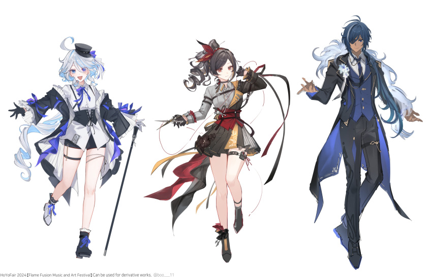 1boy 2girls absurdres asymmetrical_footwear asymmetrical_legwear black_footwear black_gloves blonde_hair blue_eyes blue_hair boo_1 brown_hair chiori_(genshin_impact) closed_mouth drop-shaped_pupils furina_(genshin_impact) genshin_impact gloves highres kaeya_(genshin_impact) looking_at_viewer medium_hair mismatched_footwear mismatched_legwear multicolored_hair multiple_girls open_mouth red_eyes shoes short_hair simple_background smile standing streaked_hair symbol-shaped_pupils white_background white_gloves white_hair