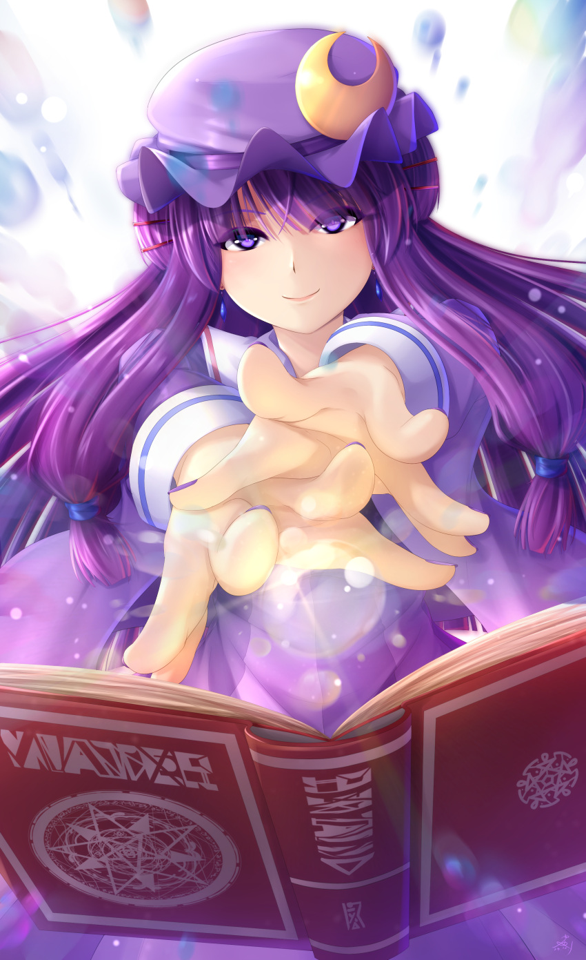 1girl absurdres book floating floating_book floating_object foreshortening hat highres long_hair long_sleeves looking_at_viewer mob_cap open_book patchouli_knowledge purple_hair purple_headwear purple_nails seiya_(iiseven) smile solo spell_card touhou violet_eyes