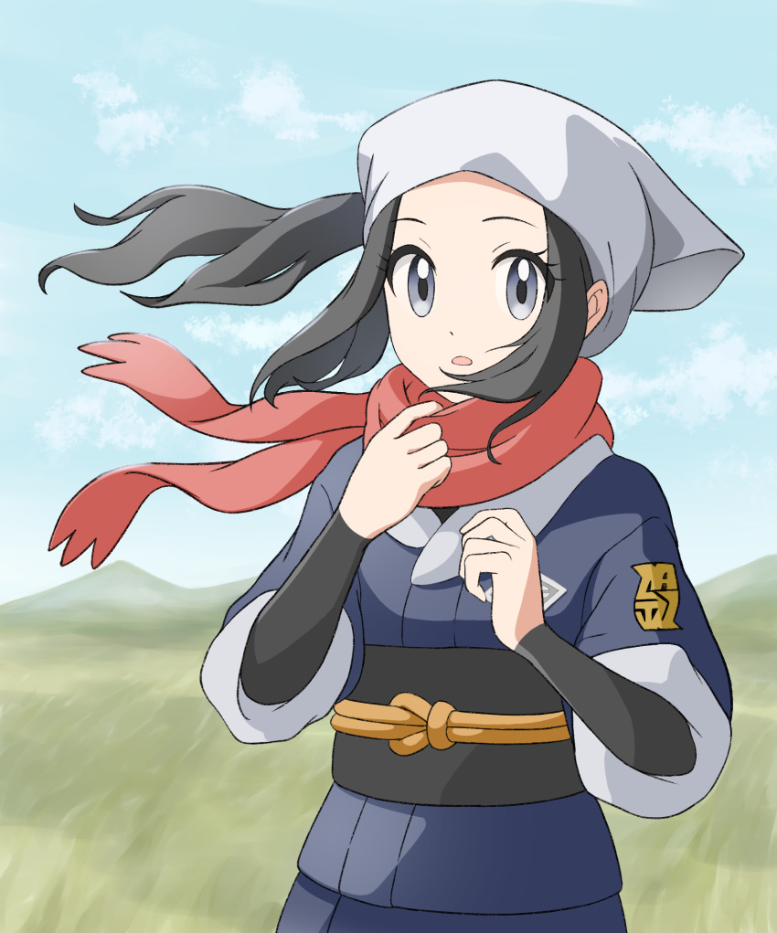1girl :o akari_(pokemon) clouds commentary_request day eyelashes floating_hair floating_scarf grey_eyes hands_up head_scarf highres jacket logo looking_at_viewer mikan_(mikan_no_happa) outdoors pokemon pokemon_(game) pokemon_legends:_arceus ponytail sash scarf shirt sidelocks skirt sky solo