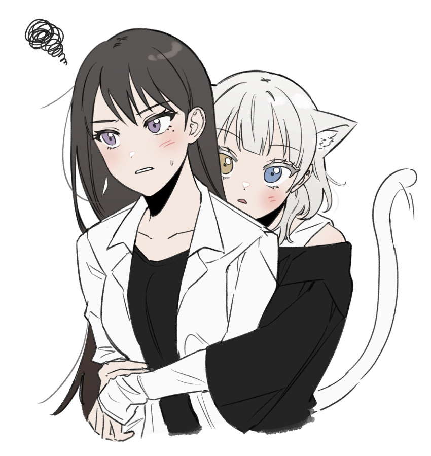 2girls animal_ears bang_dream! bang_dream!_it's_mygo!!!!! black_hair black_shirt blue_eyes blush cat_ears cat_girl cat_tail collarbone commentary_request cropped_torso heterochromia highres hug hug_from_behind idgukgu jacket kaname_rana kemonomimi_mode korean_commentary long_hair looking_at_viewer medium_hair mole mole_under_eye multiple_girls off-shoulder_shirt off_shoulder open_clothes open_jacket open_mouth parted_lips shiina_taki shirt shirt_under_shirt simple_background squiggle tail tank_top upper_body violet_eyes white_background white_hair white_jacket white_tank_top yellow_eyes yuri