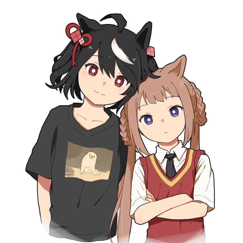 2girls ahoge animal_ears arms_at_sides black_hair black_necktie black_shirt brown_hair casual closed_mouth collared_shirt crossed_arms hair_ornament hair_rings head_tilt highres horse_ears kitasan_black_(umamusume) looking_at_viewer multiple_girls necktie red_eyes red_sweater shirt simple_background smile sweater sweater_vest sweep_tosho_(umamusume) twintails two_side_up umamusume upper_body violet_eyes white_background white_shirt yano_(edbr1022)