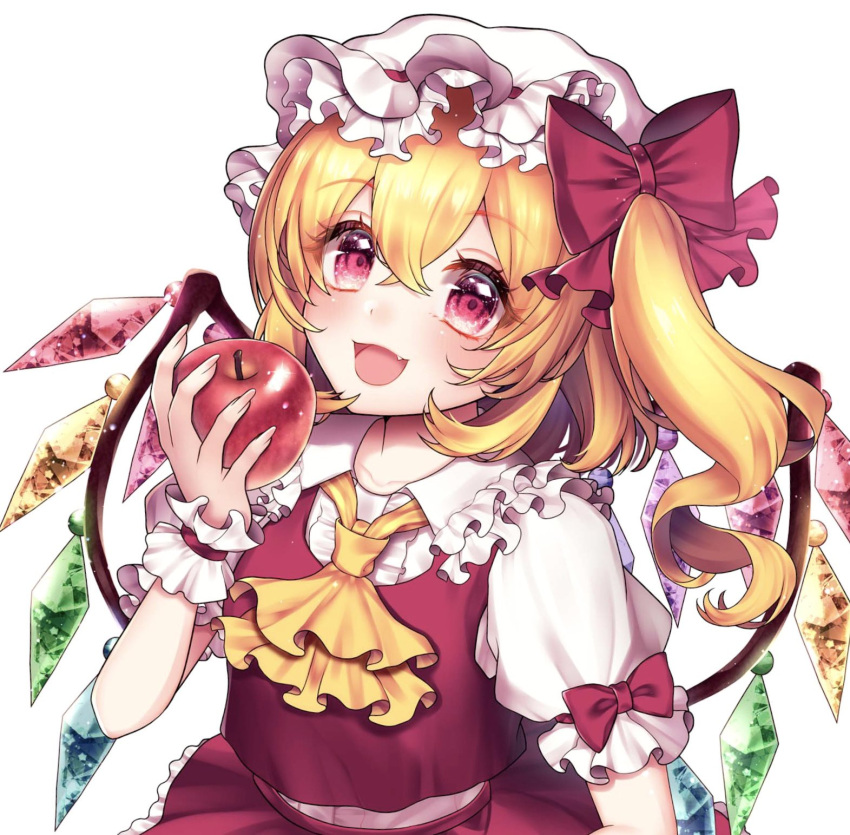 1girl apple ascot blonde_hair blush collared_shirt crystal fang fingernails flandre_scarlet food frilled_shirt_collar frilled_sleeves frills fruit hair_between_eyes hat highres holding holding_food holding_fruit long_hair looking_at_viewer mob_cap momoyama_riyo one_side_up open_mouth red_eyes red_skirt red_vest shirt short_sleeves simple_background skirt smile solo touhou upper_body vest white_background white_headwear white_shirt wings yellow_ascot
