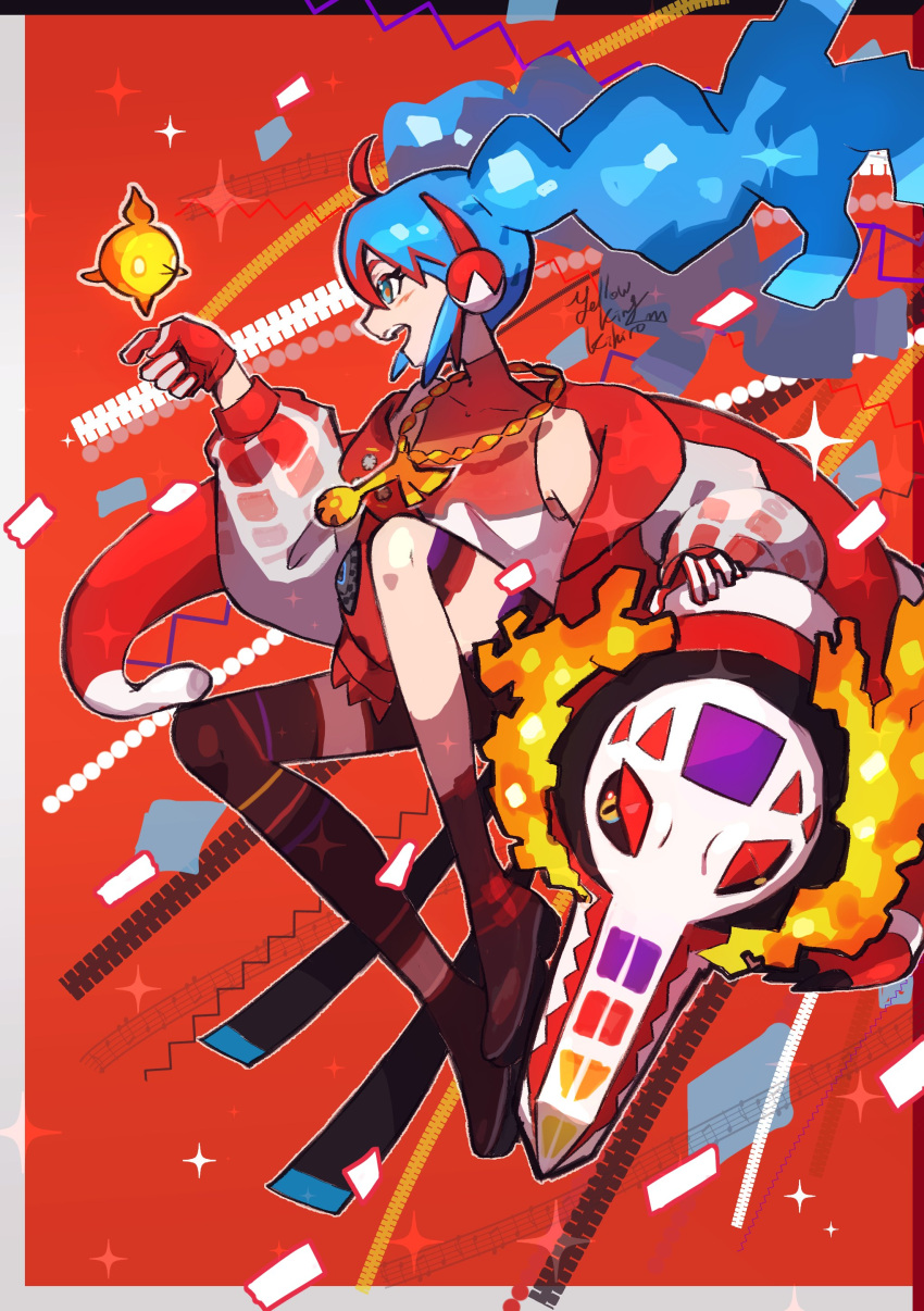 1girl absurdres ahoge black_sclera blue_eyes blue_hair colored_sclera commentary_request crocodile crocodilian fire fire_miku_(project_voltage) full_body gloves hair_between_eyes hand_up hatsune_miku headphones highres jacket jewelry long_hair long_sleeves necklace one_eye_closed open_clothes open_jacket open_mouth pokemon pokemon_(creature) profile project_voltage puffy_long_sleeves puffy_sleeves red_background red_gloves red_theme redhead shirt skeledirge sleeveless sleeveless_shirt smile solo sparkle turtleneck twintails very_long_hair vocaloid yellow_eyes yellowking_hiro