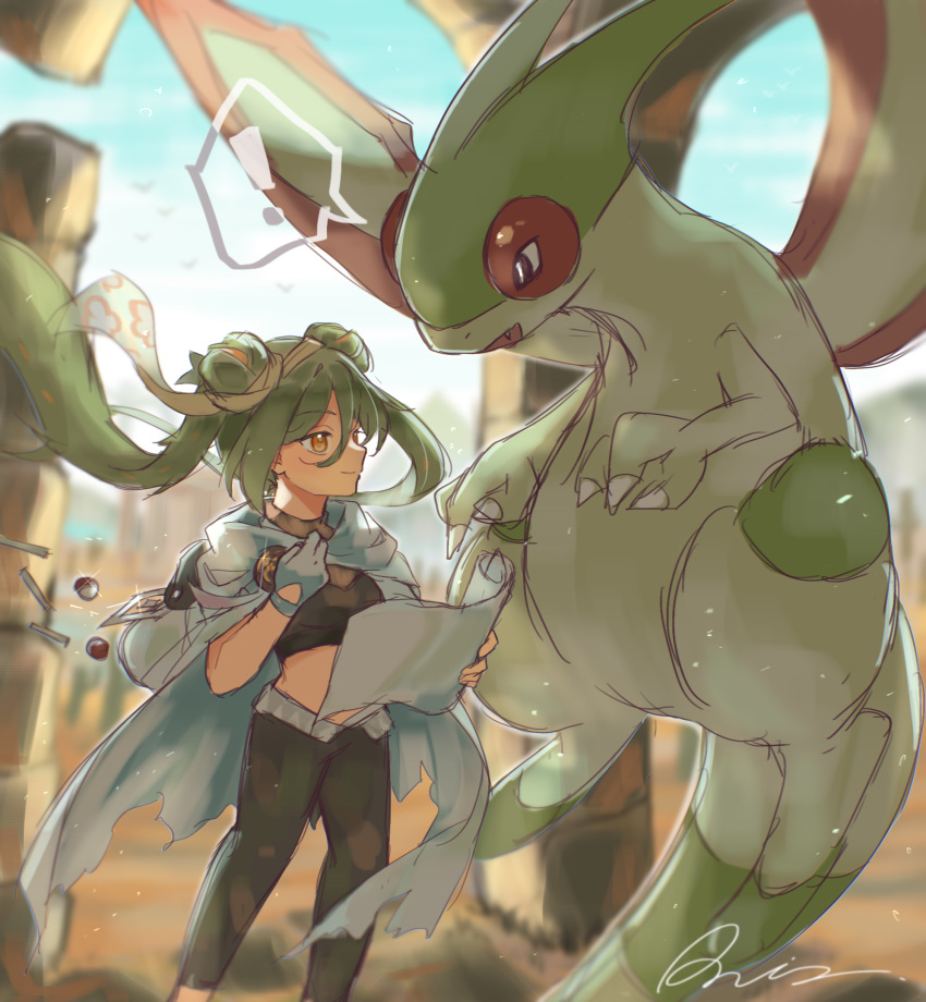 ! 1girl black_pants blue_sky cape closed_mouth dark-skinned_female dark_skin day desert double_bun floating_hair flygon ground_miku_(project_voltage) hair_between_eyes hair_bun hatsune_miku highres holding holding_map legs_apart light_green_hair map multicolored_hair orange_eyes orange_hair outdoors pants pokemon pokemon_(creature) project_voltage raria_(reisui25_raria) signature sky smile solo speech_bubble spoken_exclamation_mark standing torn_cape torn_clothes twintails two-tone_hair vocaloid white_cape