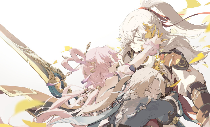 1girl 2boys ahoge blonde_hair closed_eyes clutching_clothes crying crying_with_eyes_open fu_xuan_(honkai:_star_rail) ginkgo_leaf hair_ornament hair_over_one_eye hair_ribbon hair_rings hair_stick half_updo high_ponytail highres holding holding_weapon honkai:_star_rail honkai_(series) hug jing_yuan leaf long_hair low_twintails multiple_boys open_mouth parted_bangs pink_hair red_ribbon ri_eul_fd ribbon tears twintails very_long_hair weapon white_hair yanqing_(honkai:_star_rail)