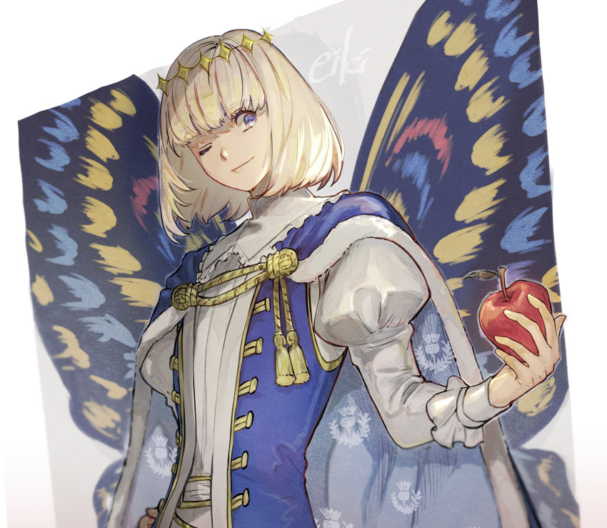 1boy apple blonde_hair blue_eyes blunt_bangs butterfly_wings cape collared_shirt eiki_(eikityou_55) fate/grand_order fate_(series) food frilled_shirt_collar frills fruit fur-trimmed_cape fur_trim highres holding holding_food holding_fruit juliet_sleeves long_sleeves male_focus oberon_(fate) one_eye_closed puffy_sleeves red_apple shirt short_hair signature smile solo tassel upper_body white_shirt wings