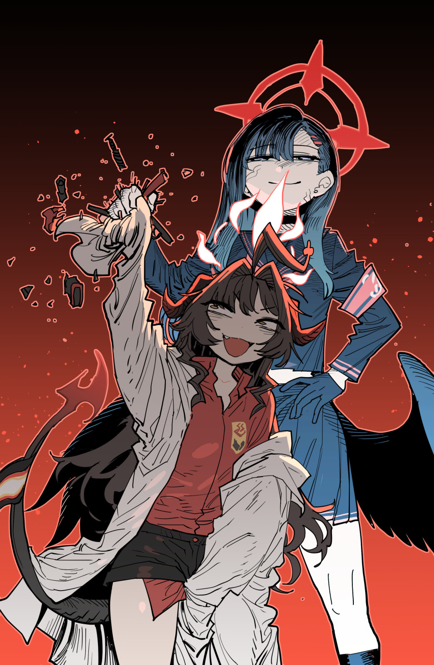 2girls absurdres ahoge angry black_hair black_horns black_shorts black_tail blue_archive blush broken_gun character_request coat collared_shirt cowboy_shot demon_horns destroyed fang gun hair_intakes halo highres holding horns kasumi_(blue_archive) korean_commentary long_hair multiple_girls open_clothes open_coat open_mouth oversized_clothes red_halo red_shirt shirt shirt_tucked_in shorts simple_background sleeves_past_fingers sleeves_past_wrists smile ssambatea weapon white_background white_coat yellow_eyes