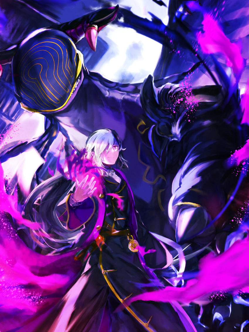 1boy arm_at_side aura black_coat black_hair black_jacket coat curtained_hair dark_aura dragalia_lost feet_out_of_frame glasses hair_over_one_eye hand_up headphones heinwald_(dragalia_lost) highres jacket long_hair looking_at_viewer low_ponytail male_focus monster multicolored_hair night nyarlathotep_(dragalia_lost) oh01861884 open_clothes open_jacket pince-nez pocket_watch red_eyes shirt smile solo standing stitched_face stitches summoning two-tone_hair watch white_hair white_shirt