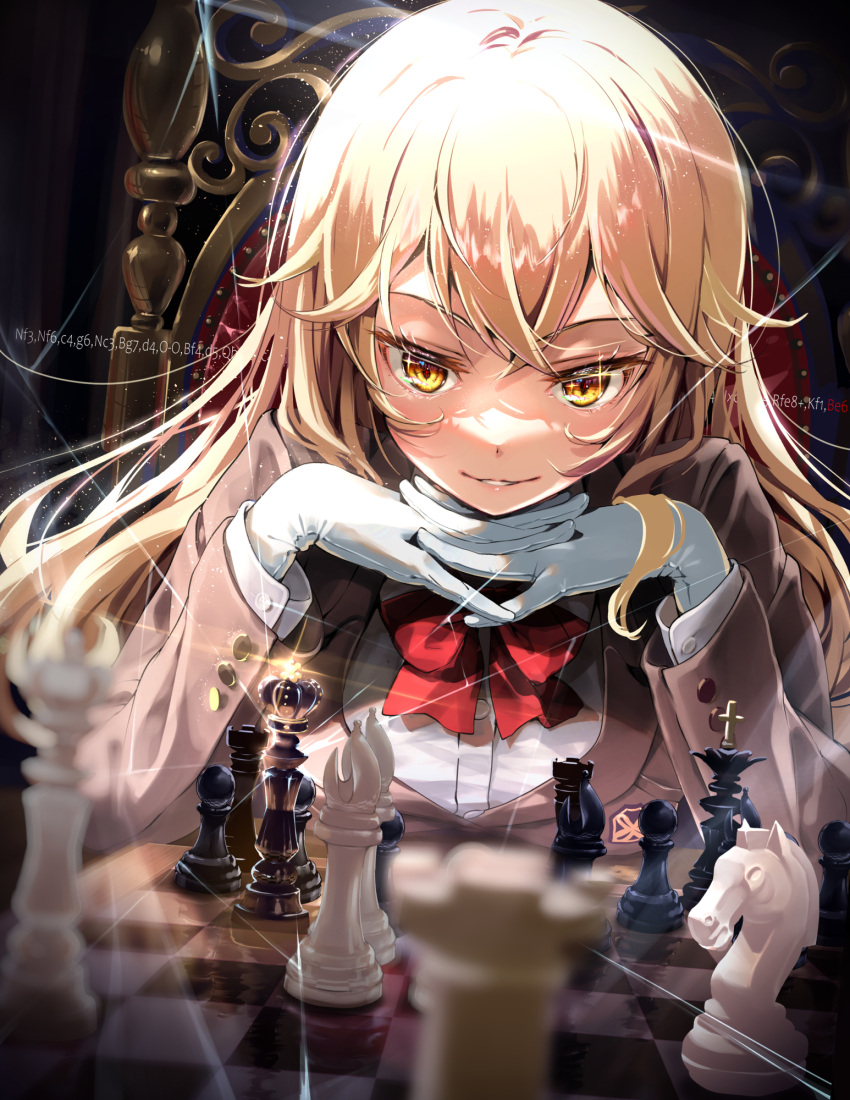 1girl bishop_(chess) blazer blonde_hair blurry blurry_foreground board_game bow bowtie brown_jacket chess chess_piece chessboard commentary_request crossed_bangs elbow_rest gloves head_rest highres interlocked_fingers jacket king_(chess) knight_(chess) long_sleeves looking_at_viewer on_chair parted_lips pawn_(chess) queen_(chess) red_bow red_bowtie rook_(chess) school_uniform shirt shokuhou_misaki sitting smile solo sparkling_eyes toaru_kagaku_no_mental_out toaru_kagaku_no_railgun toaru_majutsu_no_index tokiwadai_school_uniform white_gloves white_shirt winter_uniform yellow_eyes yonabe