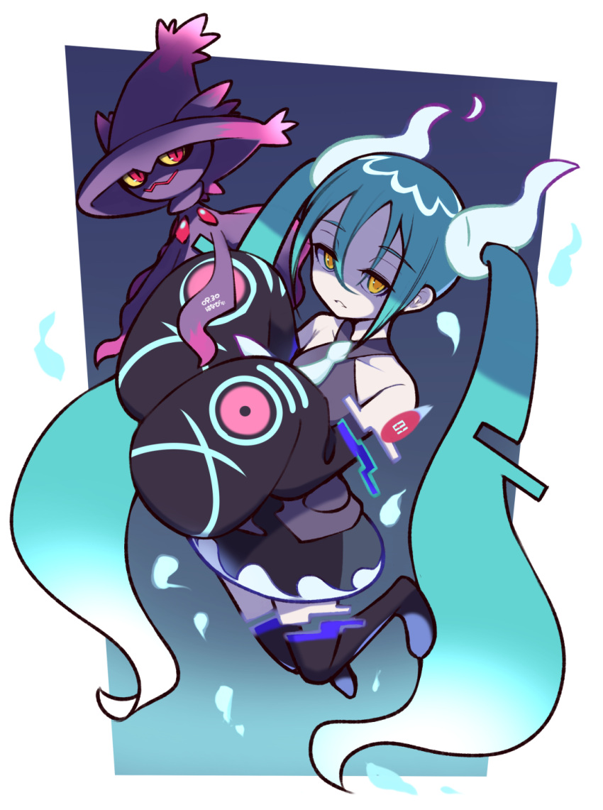 aqua_hair bare_shoulders black_thighhighs detached_sleeves ghost ghost_miku_(project_voltage) glitch gradient_hair grey_shirt hatsune_miku highres long_hair looking_at_viewer mismagius multicolored_hair necktie pale_skin parted_lips pokemon pokemon_(creature) project_voltage see-through see-through_skirt shirt skirt sleeves_past_fingers sleeves_past_wrists thigh-highs twintails umenodo very_long_hair vocaloid will-o'-the-wisp_(mythology) yellow_eyes