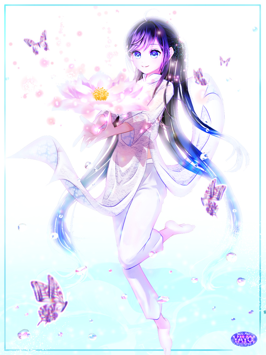 barefoot black_hair blue_eyes bug butterfly flower highres holding holding_flower hoshikawa_yayoi_(pixiv) light_smile long_hair lotus original pants purple_butterfly smile traditional_clothes vietnamese_dress white_pants