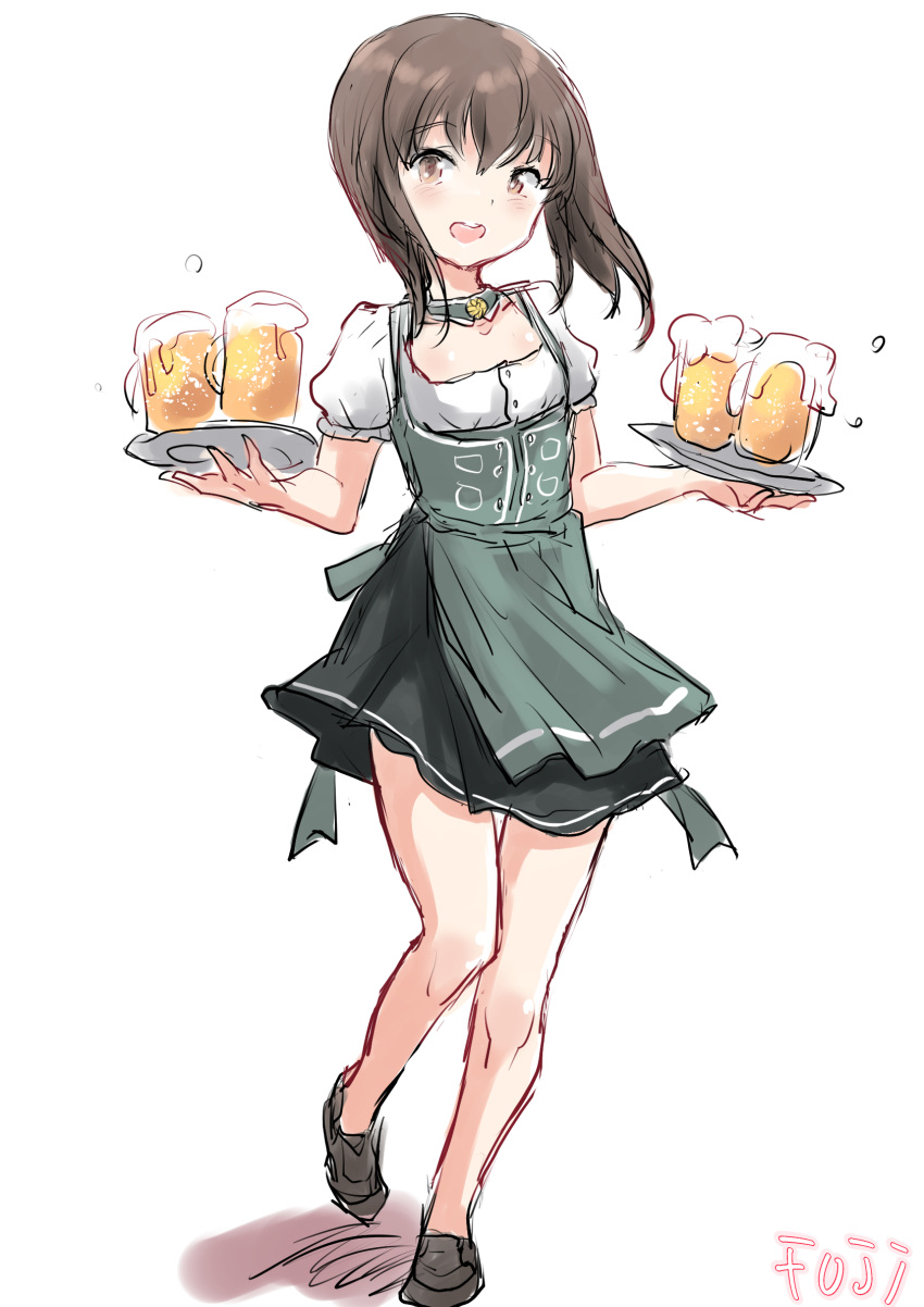1girl alcohol alternate_costume apron beer beer_mug black_footwear black_skirt breasts brown_eyes brown_hair cup dirndl fuji_(pixiv24804665) full_body german_clothes grey_apron highres kantai_collection looking_at_viewer mug open_mouth pleated_skirt round_teeth shirt short_hair_with_long_locks simple_background skirt small_breasts solo taihou_(kancolle) teeth tray upper_teeth_only waitress white_background white_shirt