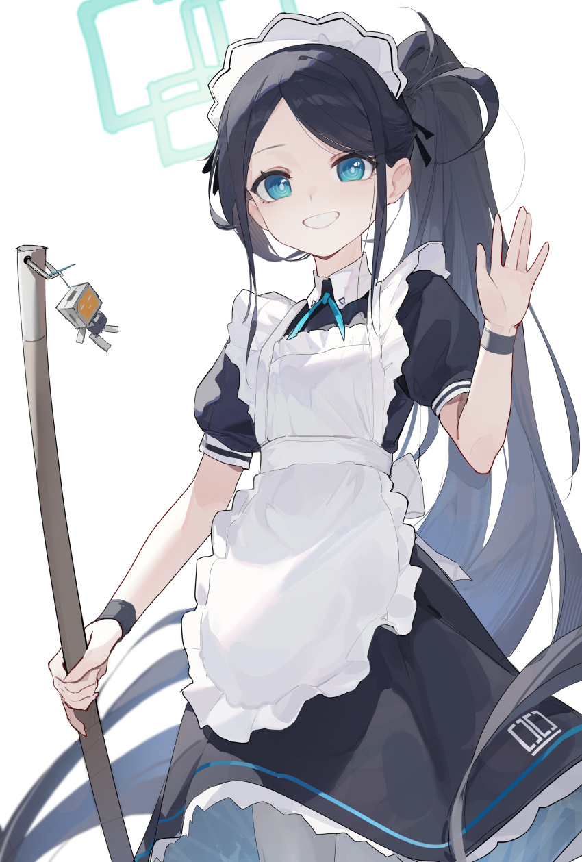&lt;key&gt;_(robot)_(blue_archive) 1girl absurdres alternate_costume apron aris_(blue_archive) aris_(maid)_(blue_archive) black_dress black_hair blue_archive blue_eyes cowboy_shot dress enmaided green_halo halo hand_up highres long_hair maid maid_apron maid_headdress official_alternate_costume one_side_up puffy_short_sleeves puffy_sleeves short_sleeves simple_background solo white_apron white_background zombie_ke